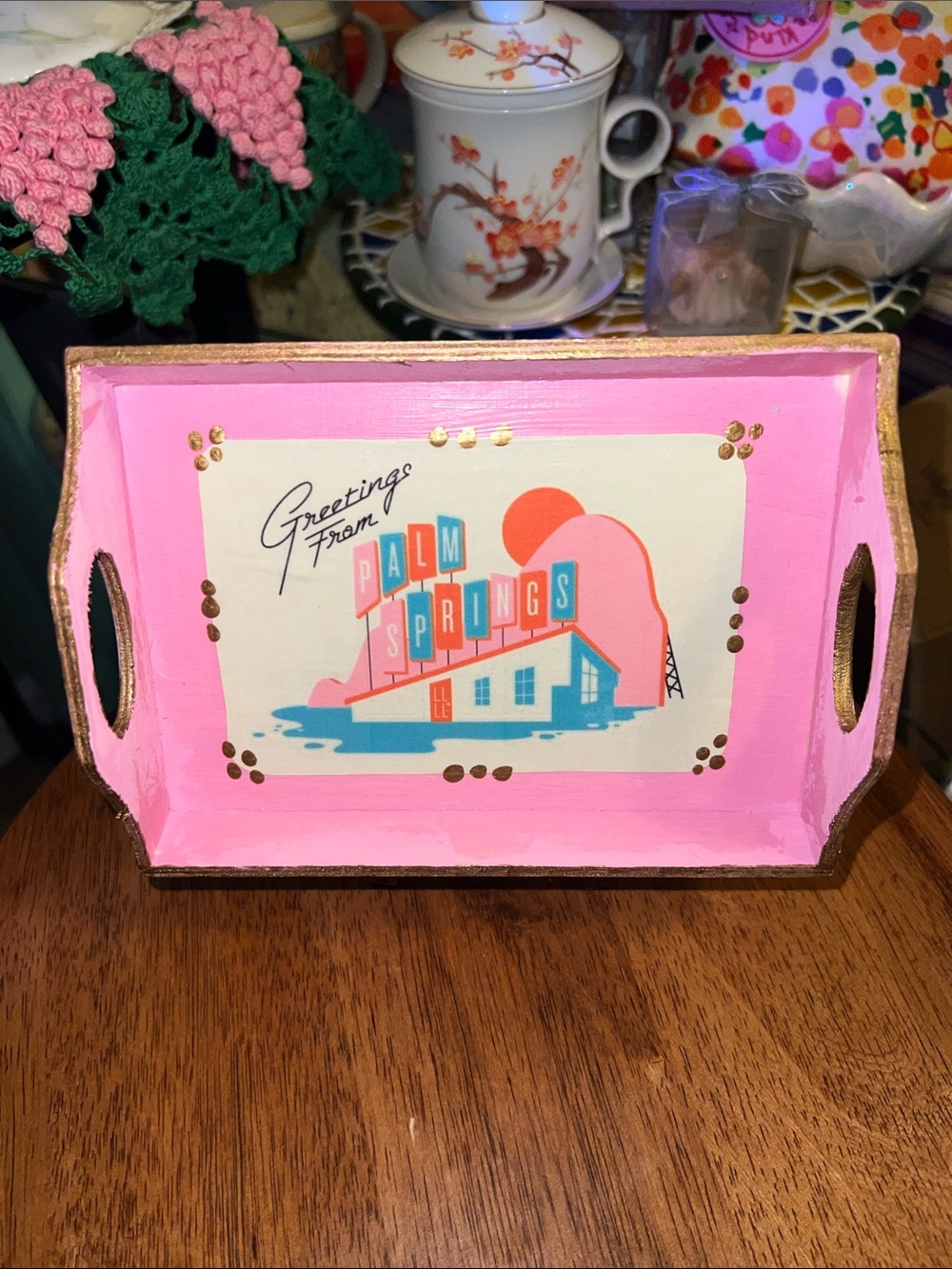 Palm Springs Pink Decorative handpainted wood trinket Tray